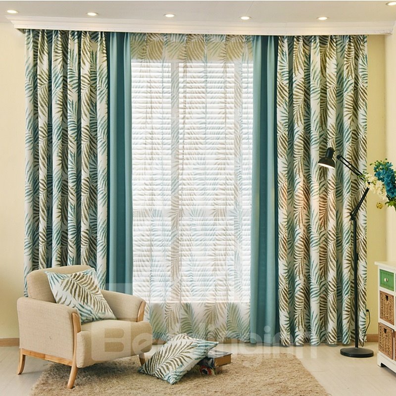 Country Style Blue Leaf and Solid Cloth Splicing Custom Curtain