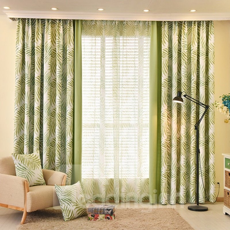 Country Style Green Leaf and Solid Cloth Splicing Custom Curtain