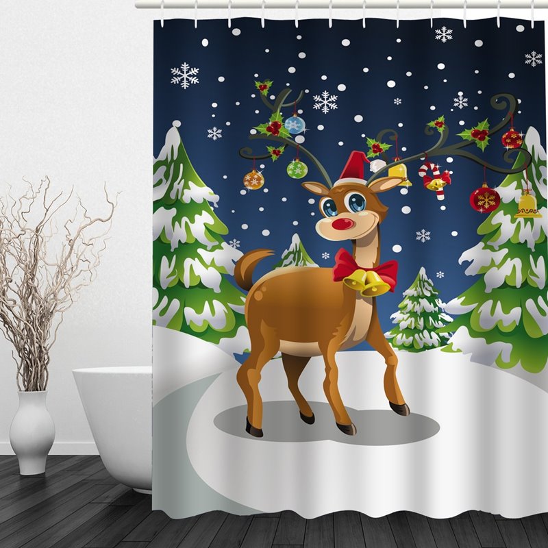 Clip Art Cute Reindeer Printing Christmas Theme Bathroom 3D Shower Curtain