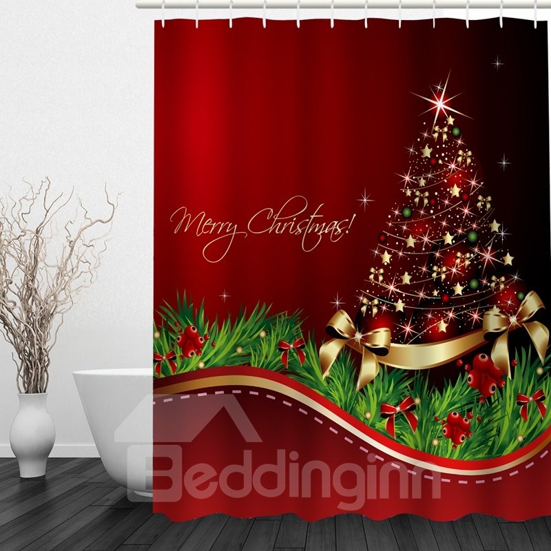 Concise Red Christmas Tree Printing Waterproof Bathroom 3D Shower Curtain
