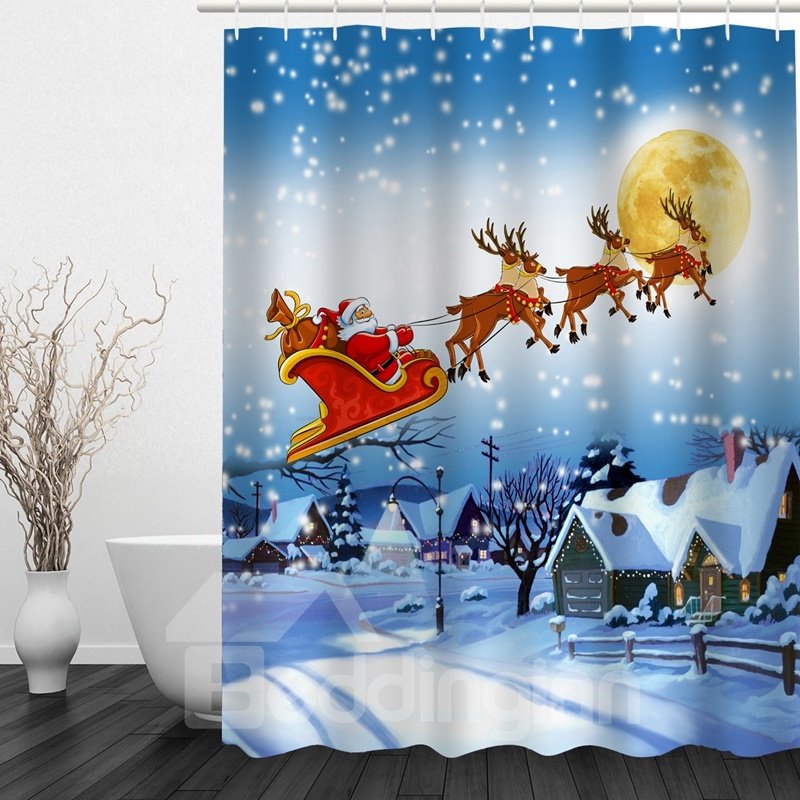 Santa Riding Reindeer Printing Christmas Theme Bathroom 3D Shower Curtain