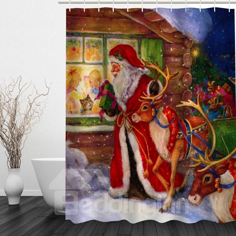 Oil Painting Christmas Night Printing Bathroom 3D Shower Curtain