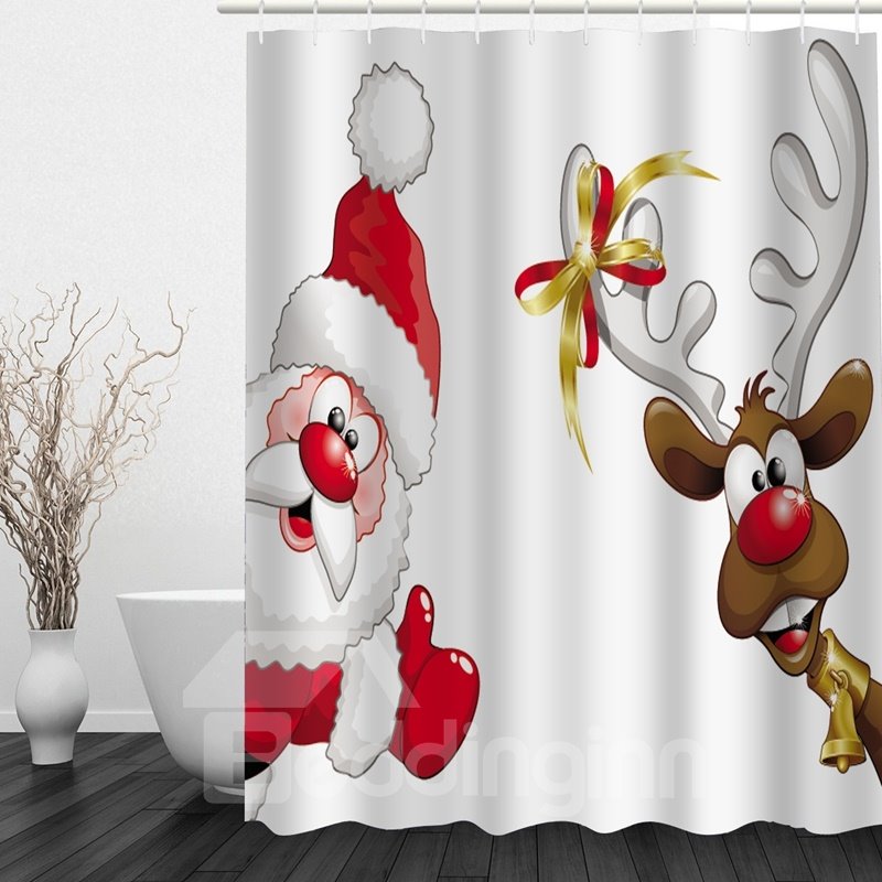 Cartoon Cute Santa and Reindeer Printing Christmas Theme Bathroom 3D Shower Curtain