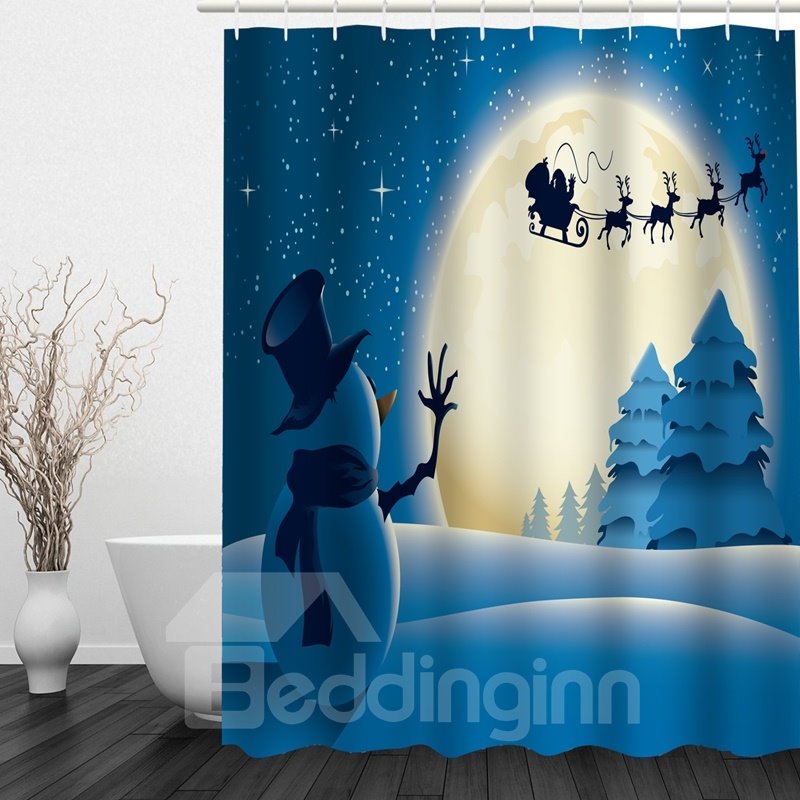 Snowman Waving to Santa Printing Christmas Theme Bathroom 3D Shower Curtain