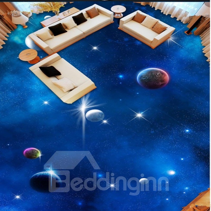 Blue Simple Style Planets in Galaxy Print Waterproof Splicing 3D Floor Murals