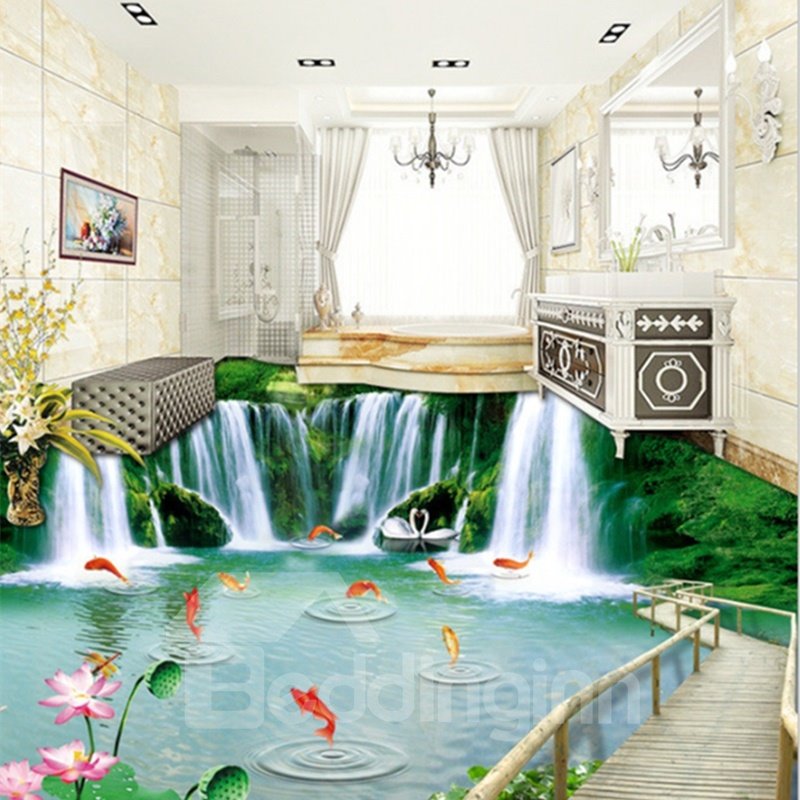 Amazing Waterfalls and Goldfishes Natural Scenery Print Nonslip and Waterproof 3D Floor Murals