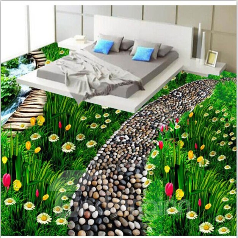 Stunning Green Grasscluster with Beautiful Flowers Pattern Waterproof 3D Floor Murals