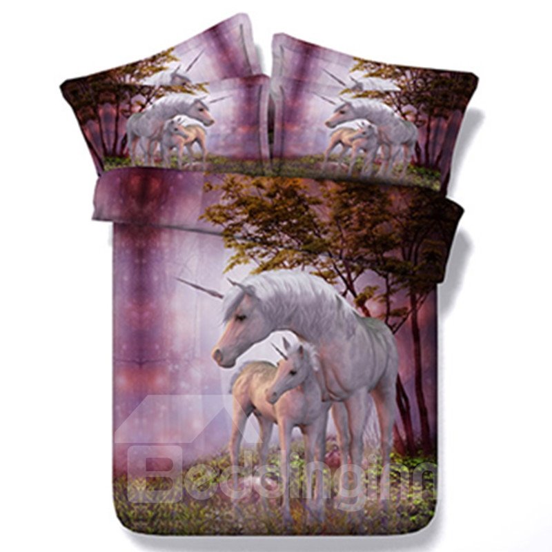 Bettwäsche-Set mit 3D-Rosa-Einhorn-Aufdruck, 5-teiliges Bettdeckenset aus Polyester