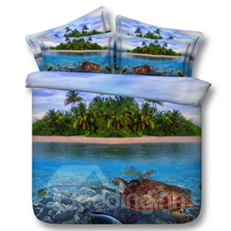 3D Scenery Bedding Turtle and Isle Printed 5-Piece Comforter Set Polyester