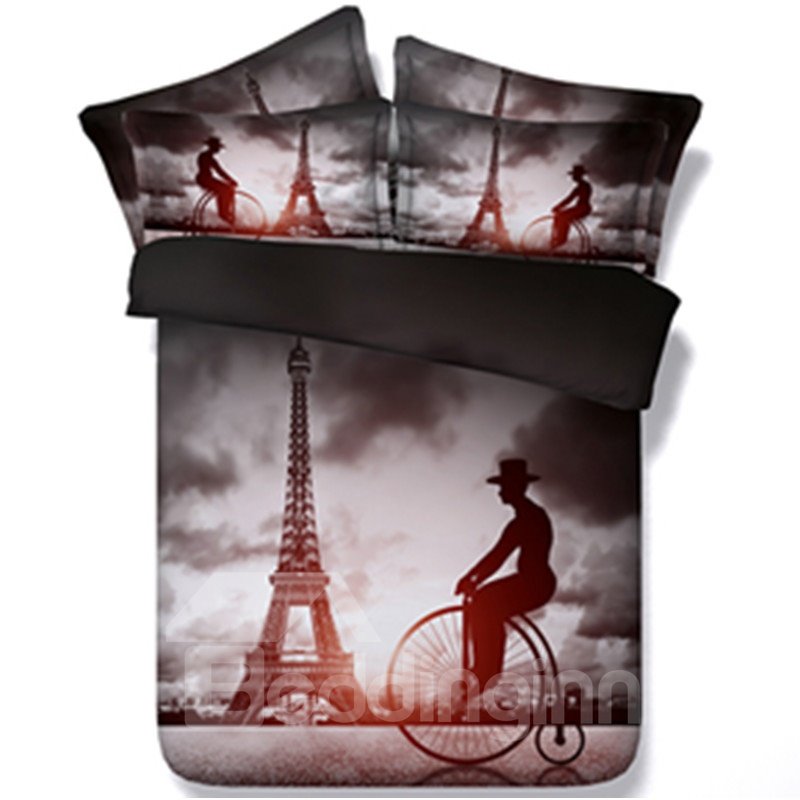 Creative Big Wheel Bicycles and Eiffel Tower Print 5-Piece Comforter Sets