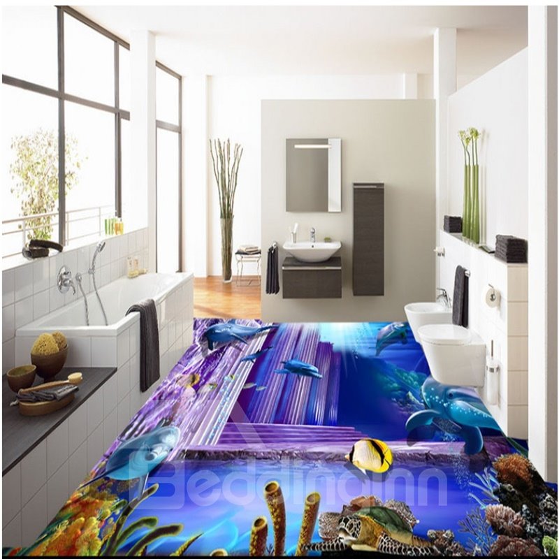 Leisurely Dolphins and Fishes in Underwater World Pattern Waterproof 3D Floor Murals