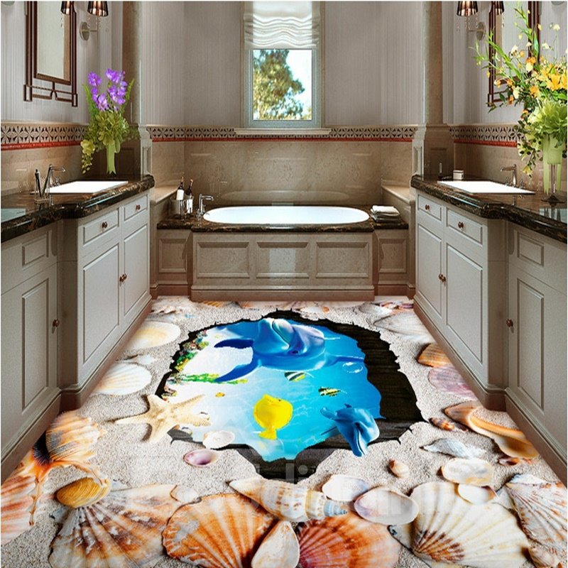 Amazing Dolphins and Seashells Print Waterproof Splicing 3D Floor Murals