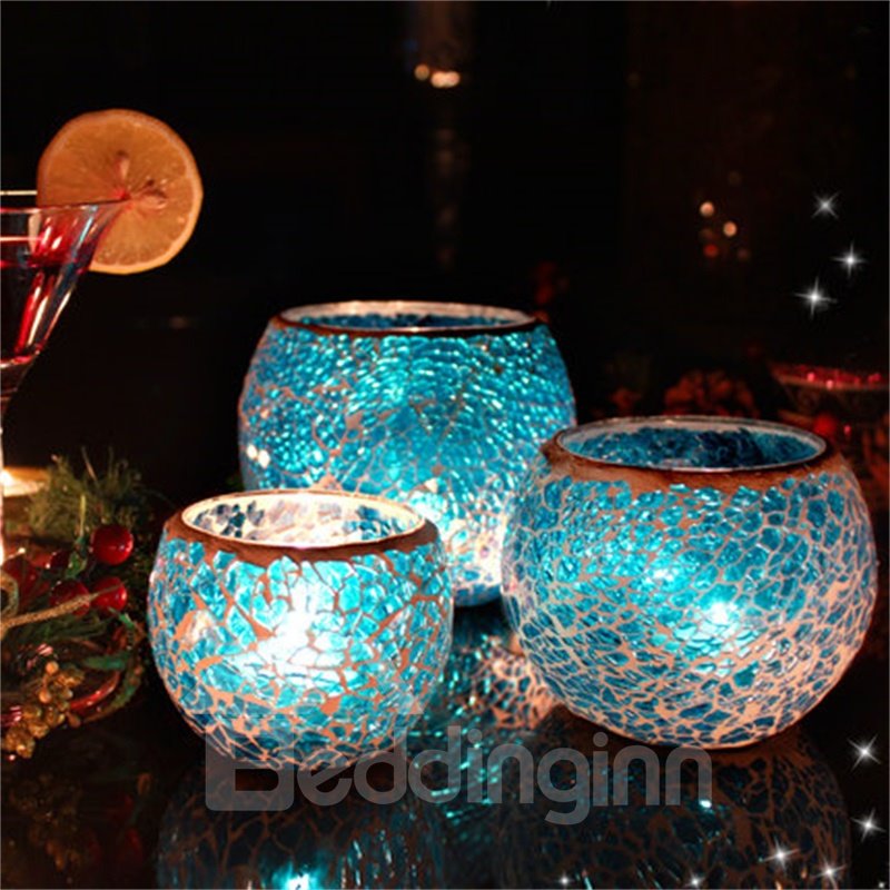 Blue Glass Bowl Candle Holders Candlesticks Mosaic Votive Tealight Candleholders Scented Candles Gift for Wedding Dinning Party 3 Pieces