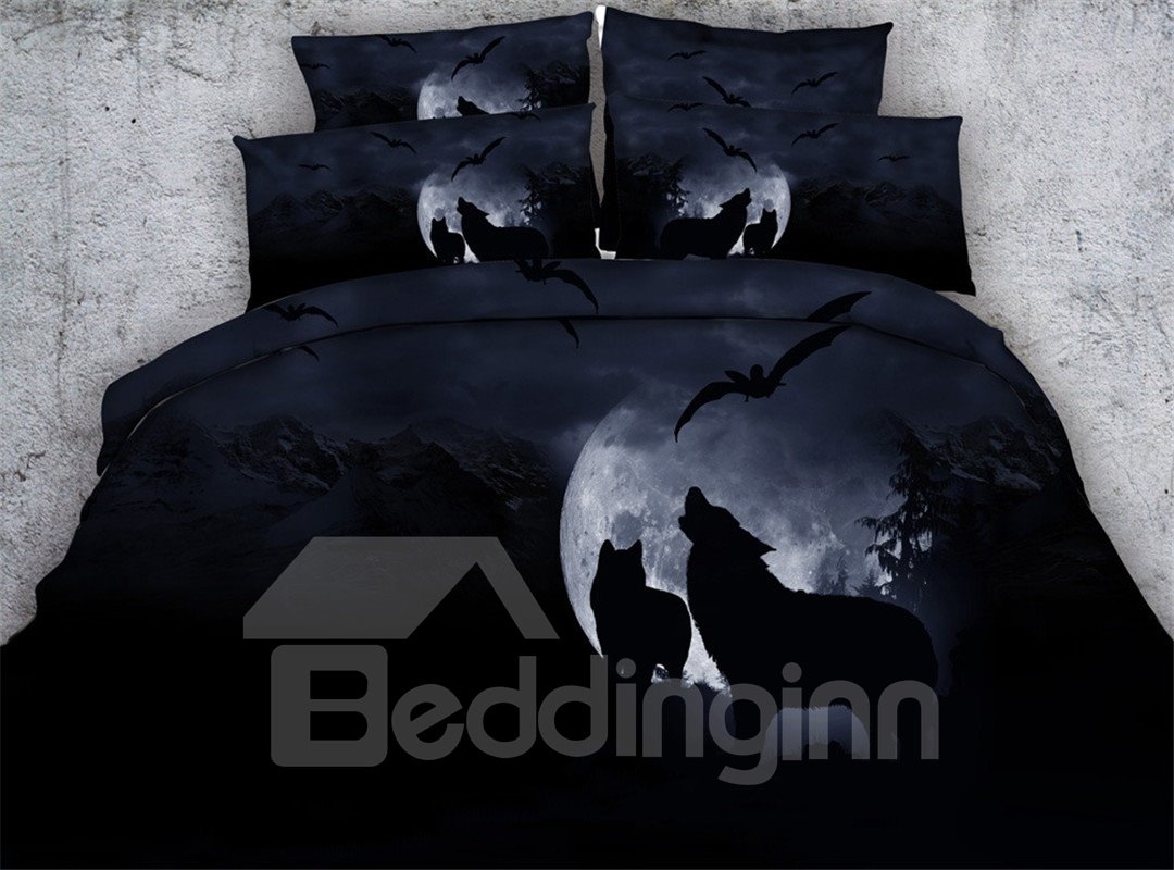 Wolf Howling At The Moon 3D 5-Piece Comforter Set Black Bedding Set