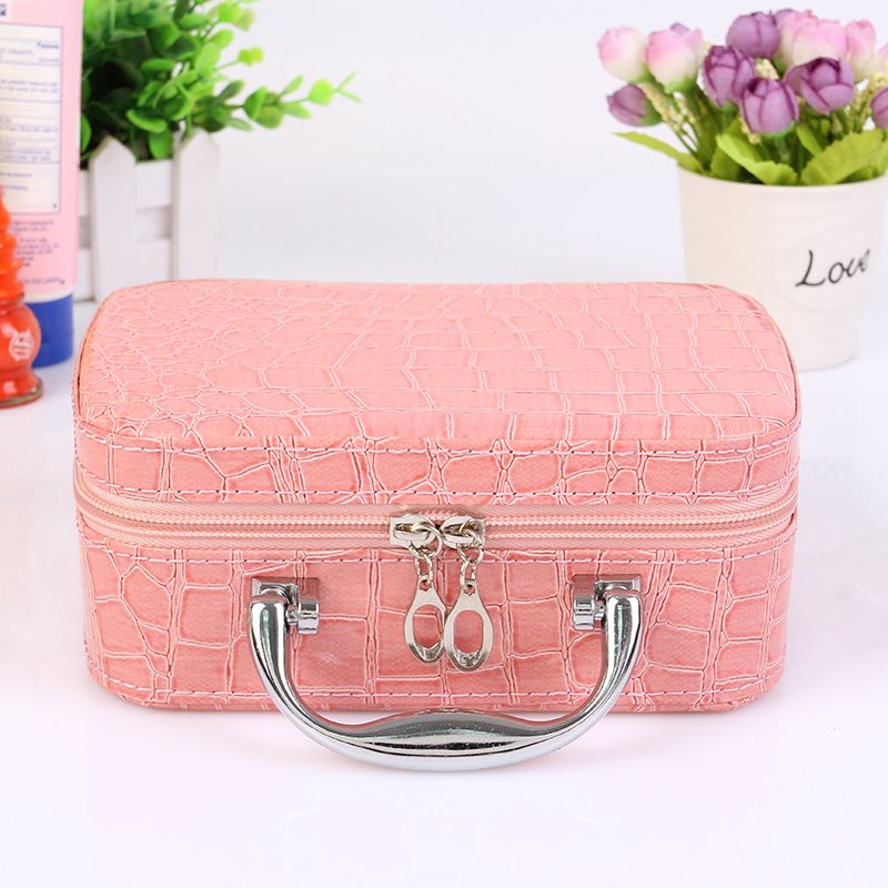 Pink Single Layer PU Portable Cosmetic Bags with Mirror