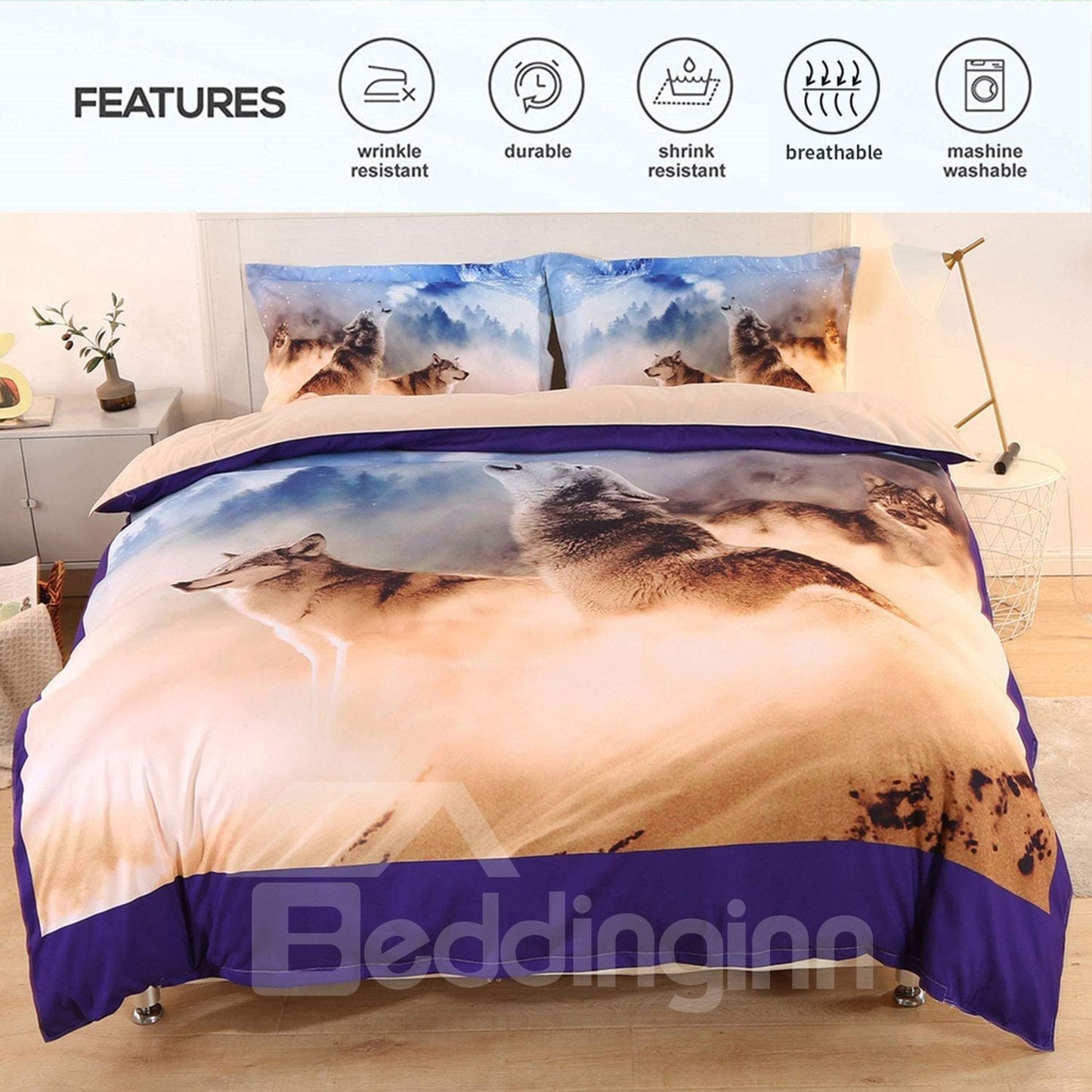 3D Howling Wolves Print 4-Piece Polyester Duvet Cover Sets