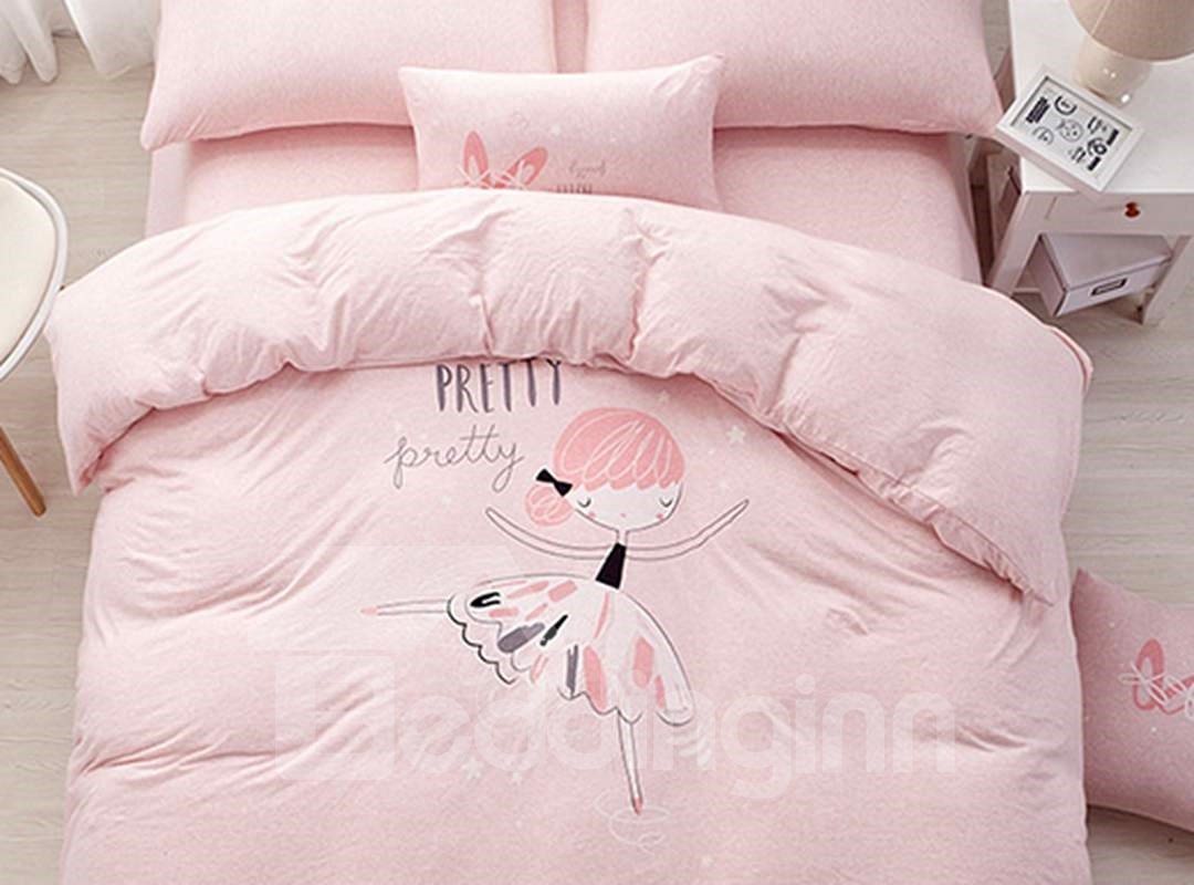 Adorable Pink Girl Pattern Cotton 4-Piece Duvet Cover Set