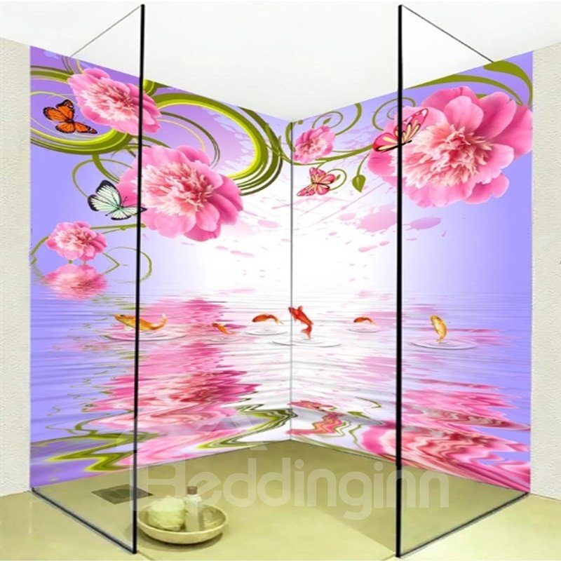 Pink Flowers and Goldfishes Pattern Waterproof 3D Bathroom Wall Murals