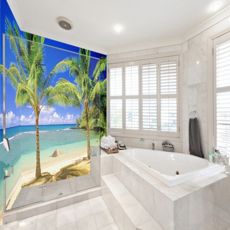 Murales de pared de baño 3D impermeables con patrón de paisaje costero y cielo azul pausado