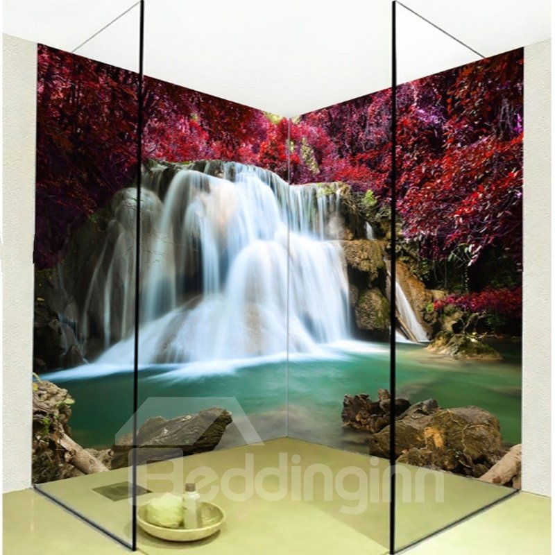 Realistic Intermountain Maple Leaves and Waterfalls Waterproof 3D Bathroom Wall Murals
