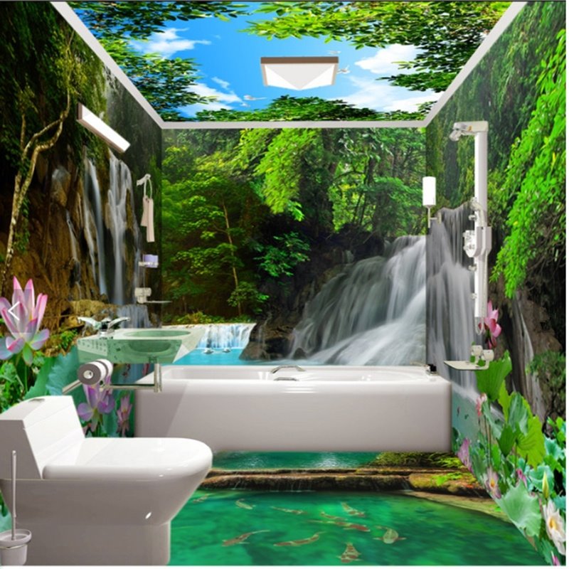Vivid Waterfalls in the Lush Forest Scenery Pattern Waterproof 3D Bathroom Wall Murals