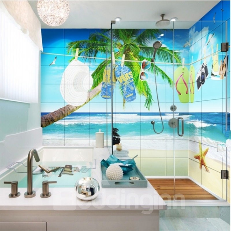 Unique Seaside Scenery Pattern Design Waterproof 3D Bathroom Wall Murals