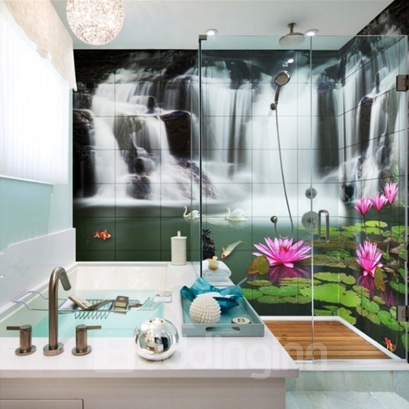 Lifelike Waterfalls and Lotus Pattern Waterproof 3D Bathroom Wall Murals