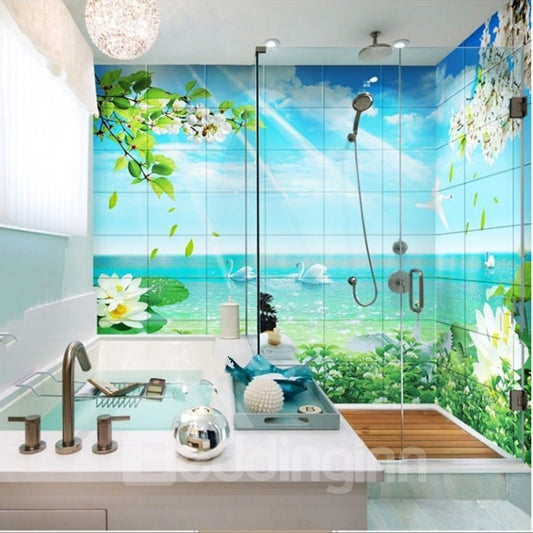 3D Swans in Green Lake Pattern PVC Waterproof Sturdy Self-Adhesive Bathroom Wall Murals