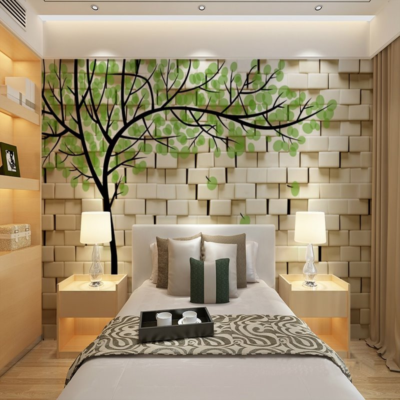 Fresh White Wall with Green Tree Pattern Waterproof 3D Wall Murals