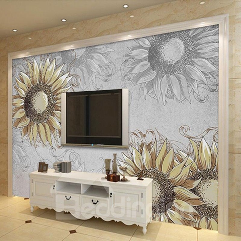 Decorative Simple Style Sunflowers Pattern Waterproof 3D Wall Murals