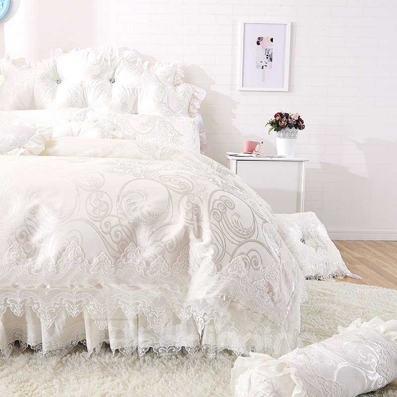 Dreamy White Lace Edging Princess Style 4-Piece Cotton Bedding Set/Duvet Cover Set Bed Skirt Set