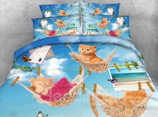 Likable Kittens Lying in Hammock Print 4-Piece 3D Bedding Sets/Duvet Covers