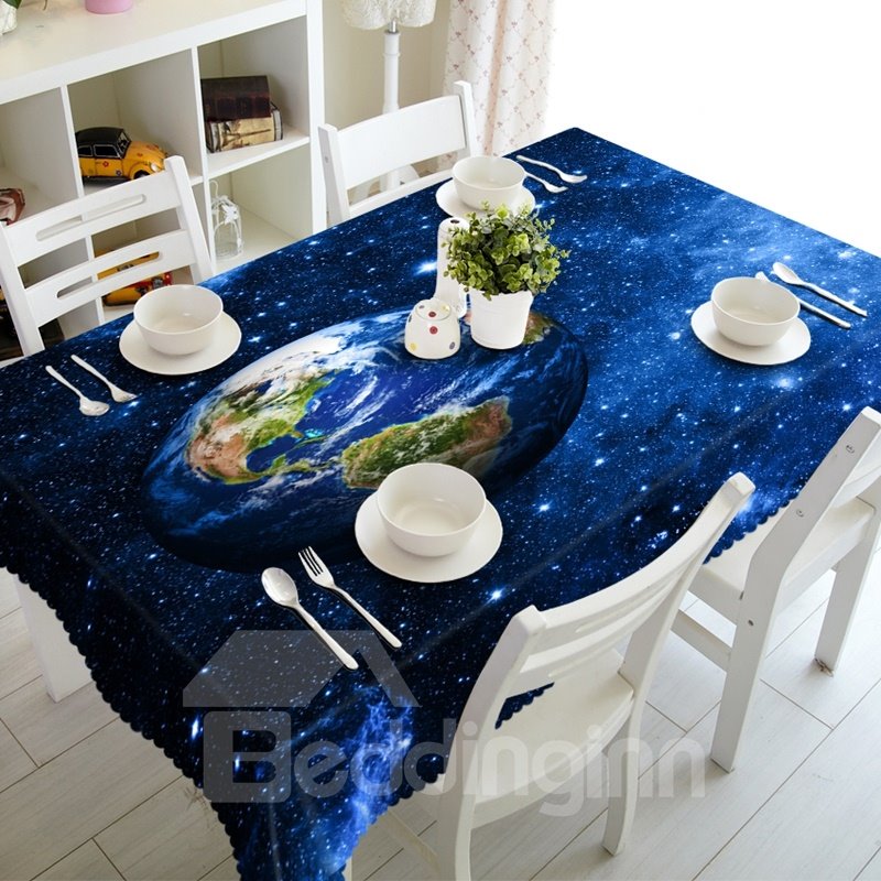 Blue Earth in Starry Sky Prints Durable Polyester Fibre Washable 3D Tablecloth