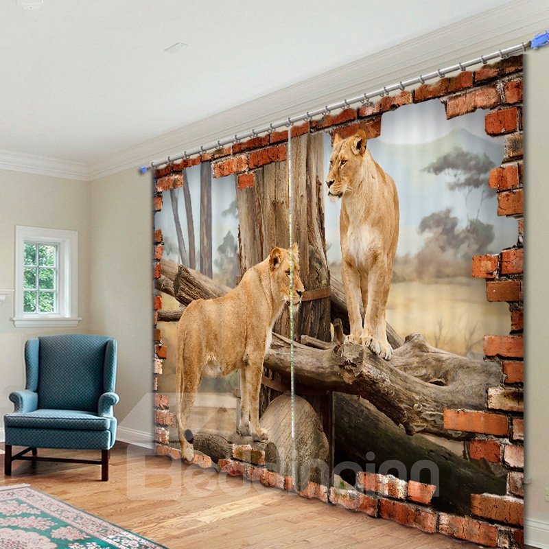 3D Couple Lions Standing on the Wood Printed Animal Style Polyester Custom Curtain