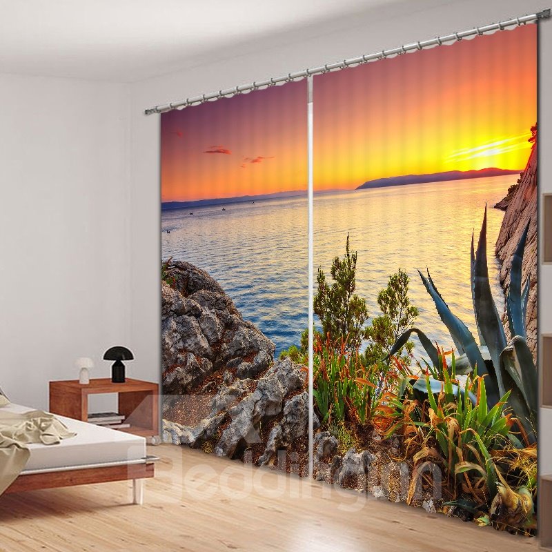 Cortina 3D impresa con hermoso amanecer en la playa