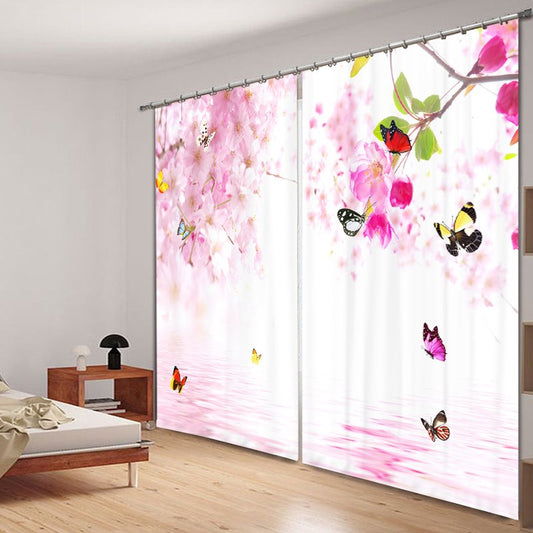 Butterflies flying around Peach Blossoms Living Room and Bedroom Decorative Window 3D Curtain