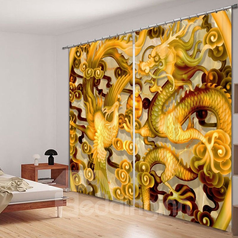 Cortina de sombreado de dormitorio de 2 piezas de estilo chino con estampado de dragón y fénix en 3D
