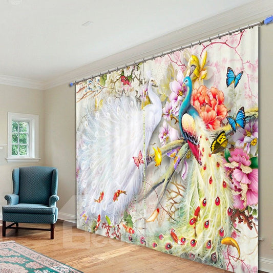 3D Couple Peacocks Butterflies and Flowers Printed Animal Style Decoration Custom Curtain
