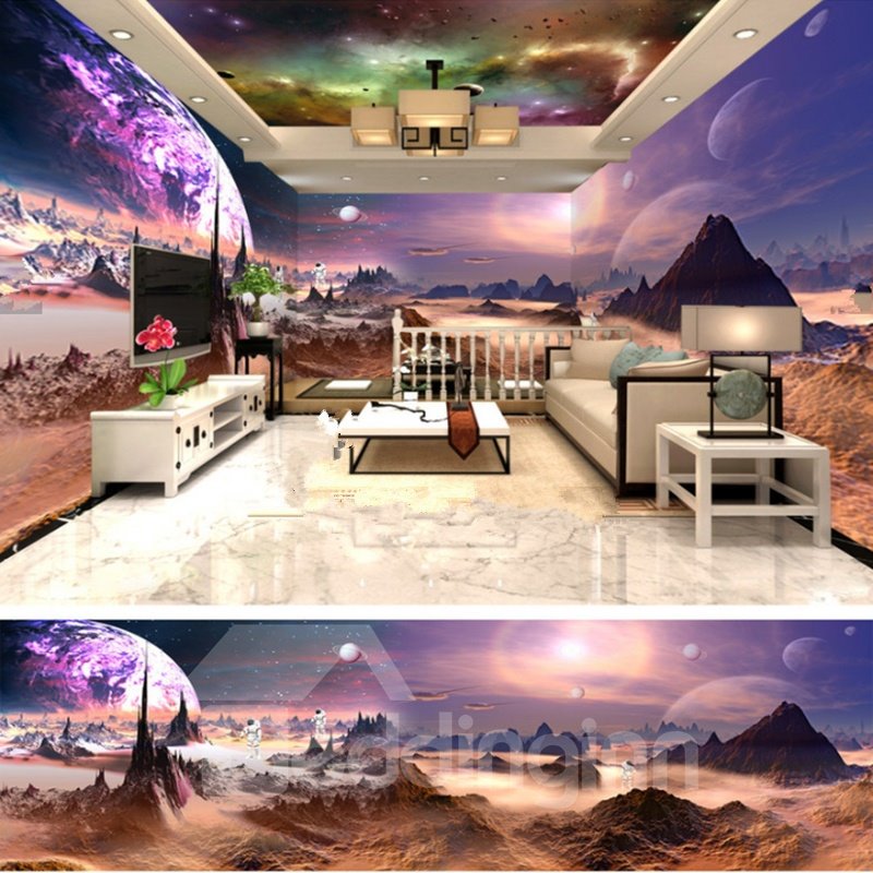 Stunning Creative Outer Space Scenery Pattern Design Combined 3D Ceiling and Wall Murals