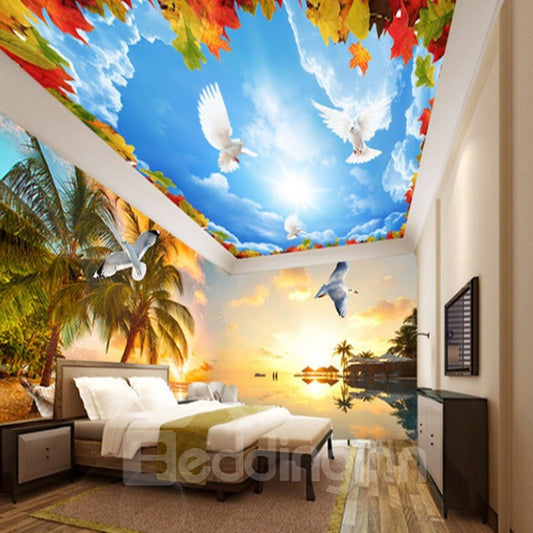 Fabulous Palm Tree by the Sea Sunset Scenery Pattern Combined 3D Ceiling and Wall Murals