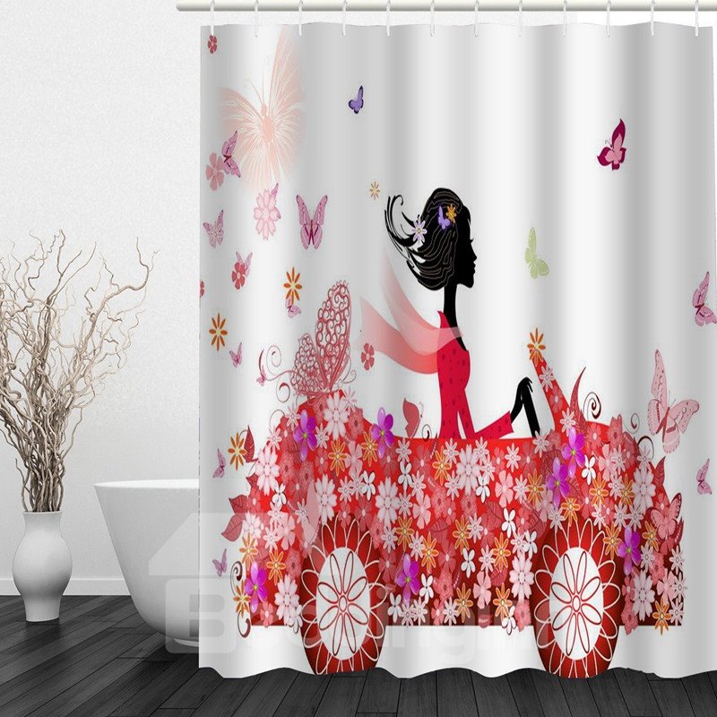 Cortina de ducha impermeable para baño con estampado 3D de coche de dama elegante en mariposa