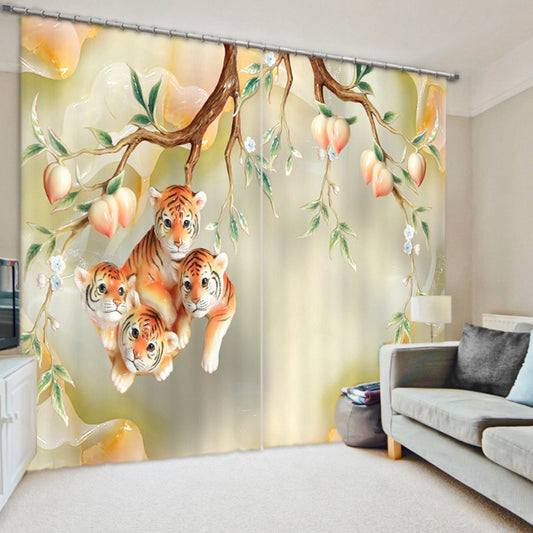 Tiger Cubs and Peach Trees Printed Curtain, 2 Panel Style Animal Theme Polyester Blackout Curtain