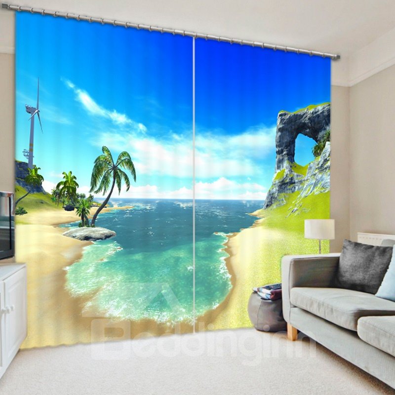 3D-gedruckter Rollschirm aus Polyester mit blauem Himmel und grüner Kokosnussbaumküste