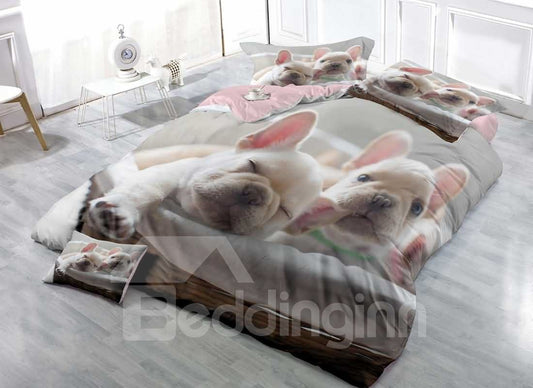French Bulldog Light Grey Wear-resistant Breathable High Quality 60s Cotton 4-Piece 3D Bedding Sets