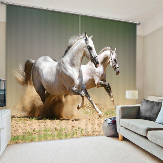 Horse Theme Blackout Curtain, Two Galloping Horses on the Sand Printed Decorative Shading Curtain