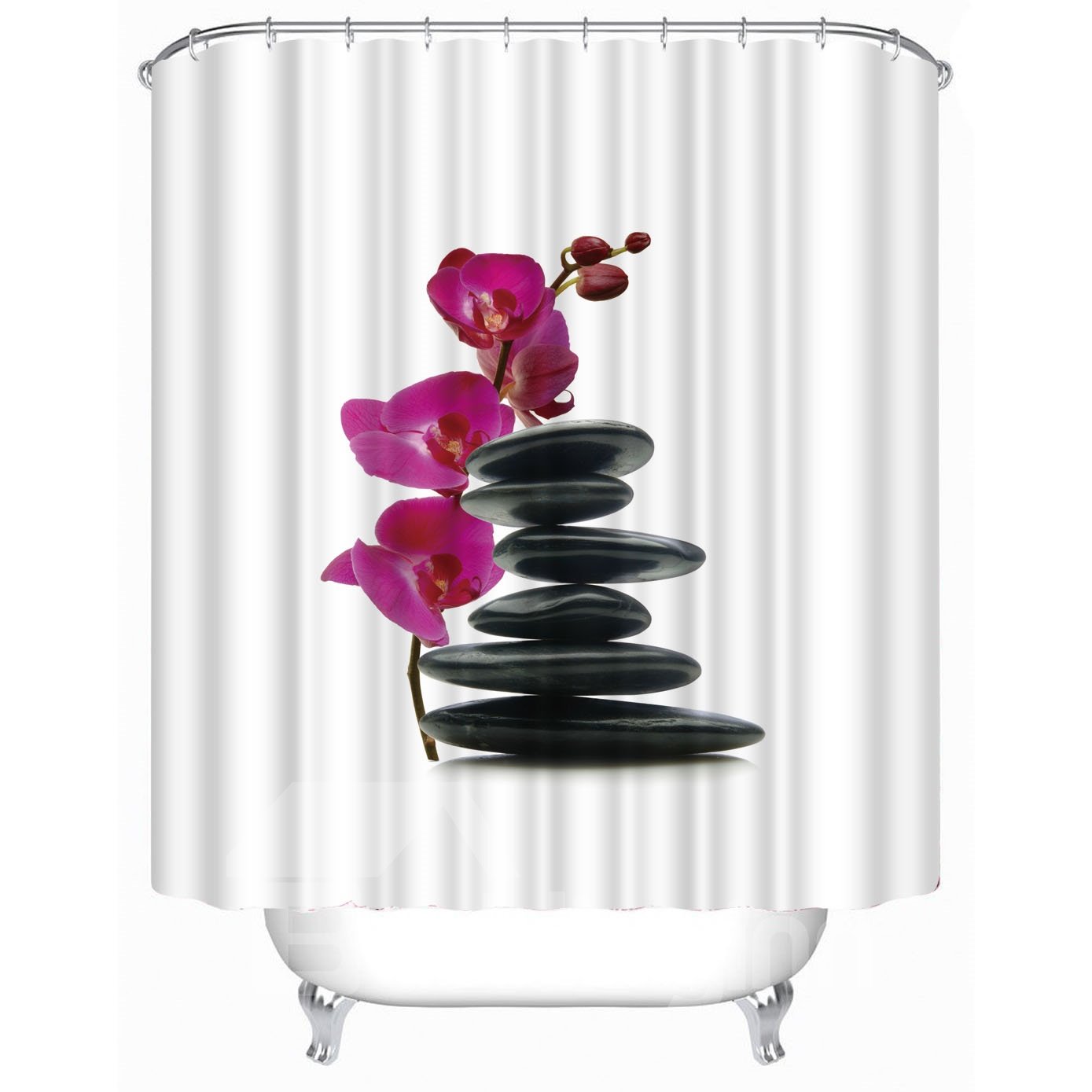 3D Orchid and Folded Stones Printed Polyester White Bathroom Shower Curtain