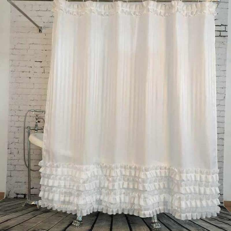 Lace Trimming Polyester White Bathroom Shower Curtain