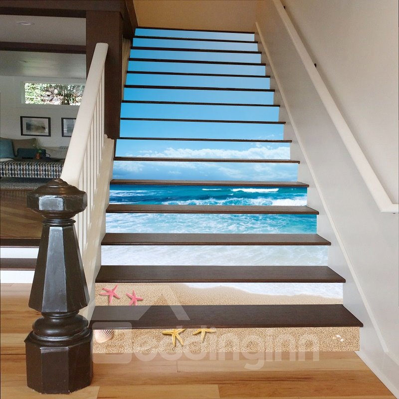 Blue Sky and Sea Starfishes on The Beach 3D Waterproof Stair Murals