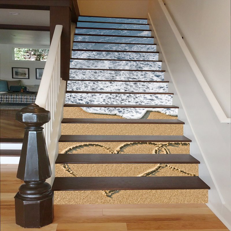 Murales de escaleras impermeables 3D con forma de corazón en la playa