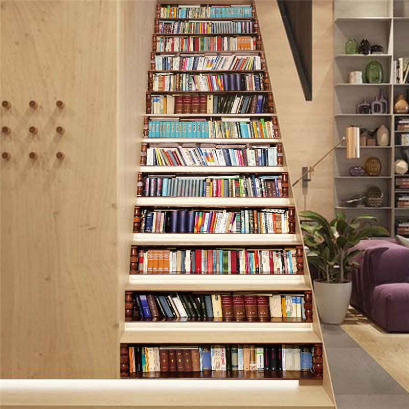 Bookcase 13-Piece Wisdom Sea PVC 3D Waterproof Stair Murals